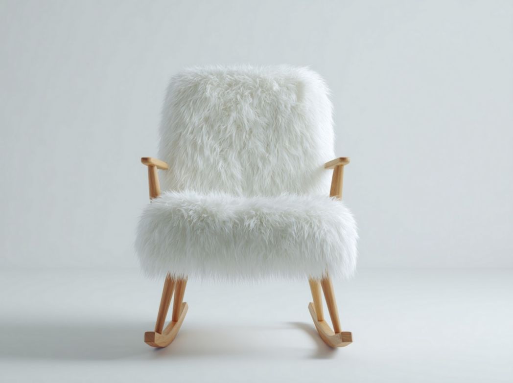Fauteuil à bascule en fourrure longue blanche avec patins en bois