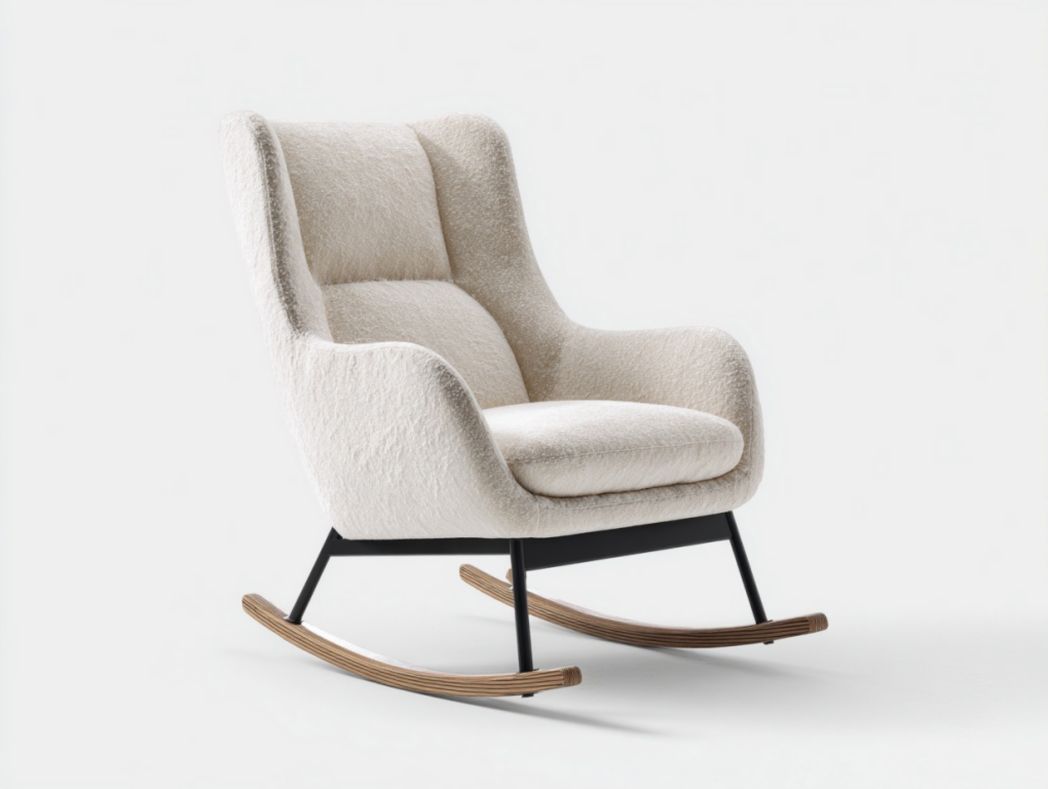 Fauteuil à bascule style nordique en tissu peluche blanc cassé