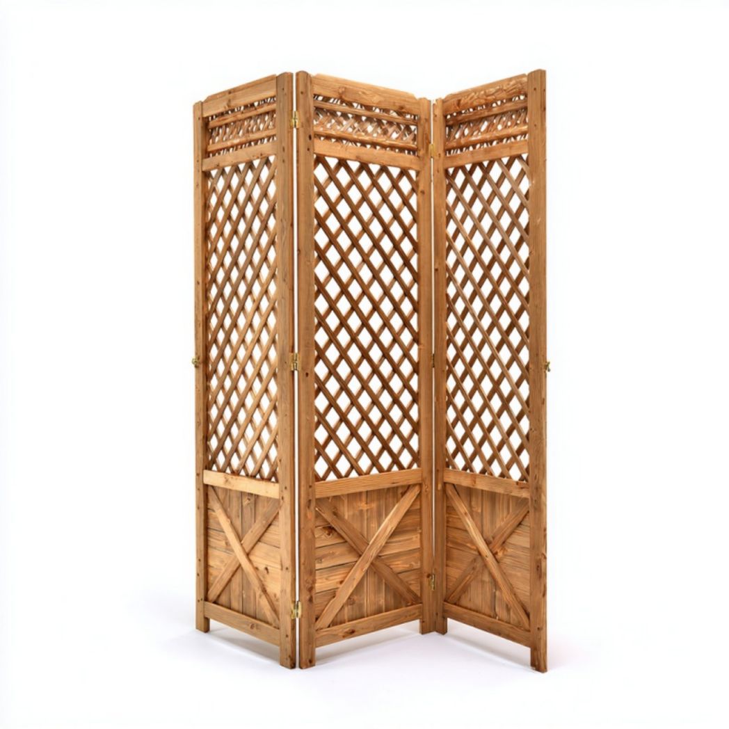Paravent pliant 3 panneaux en bois ajouré, coloris bois naturel