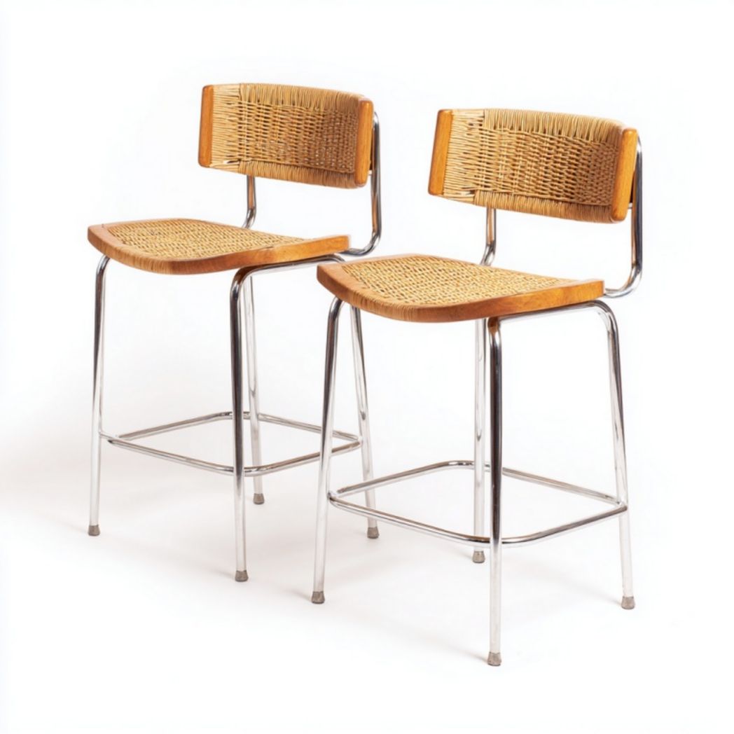 Lot de 2 tabourets de bar en rotin avec structure métallique