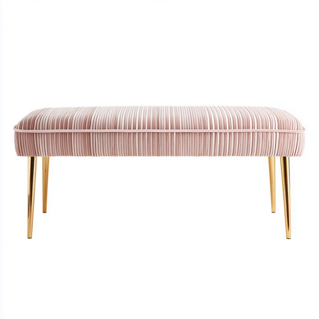 Banc en velours rose à rayures avec pieds en métal doré