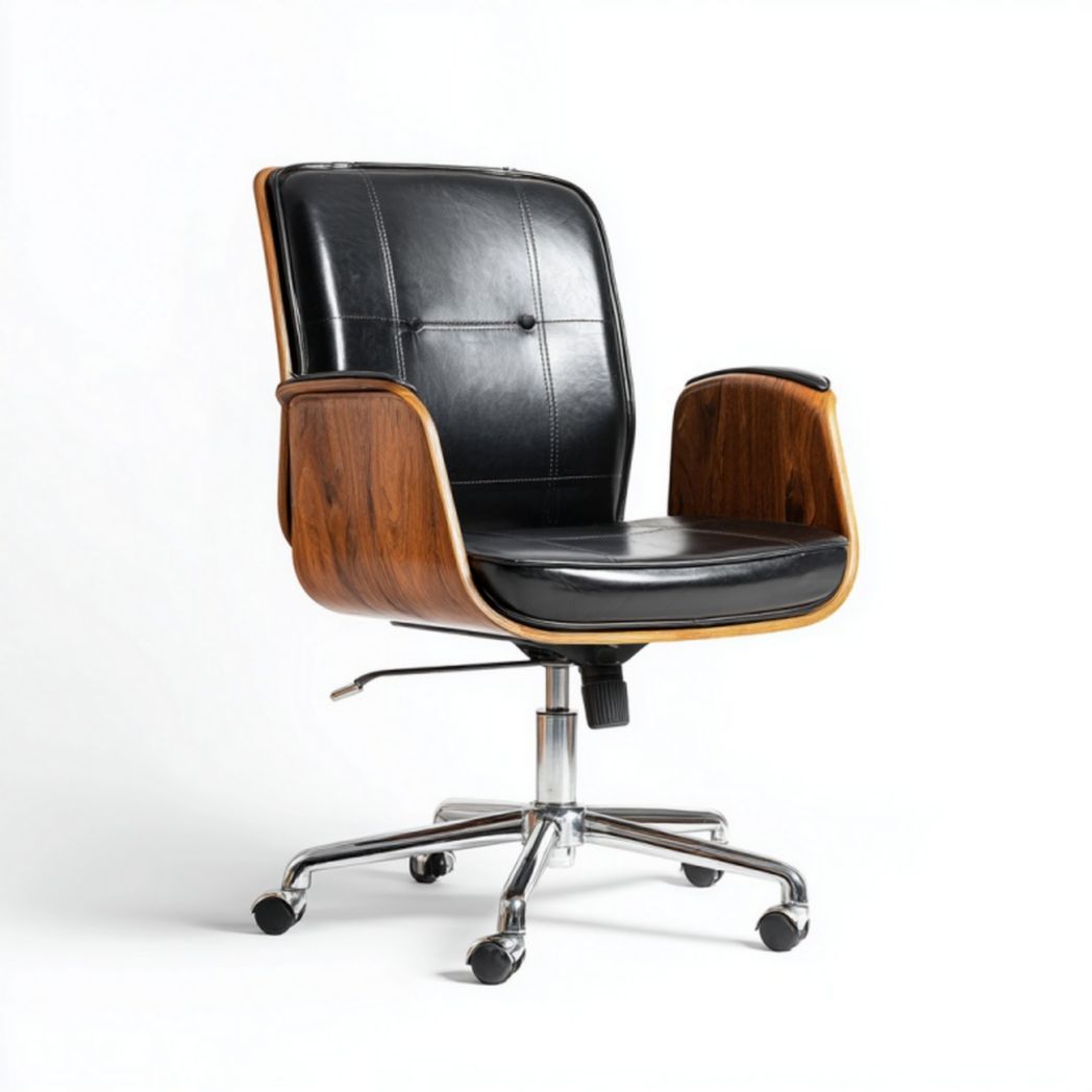 Fauteuil de bureau pivotant en similicuir noir avec coque bois – hauteur réglable – base chromée