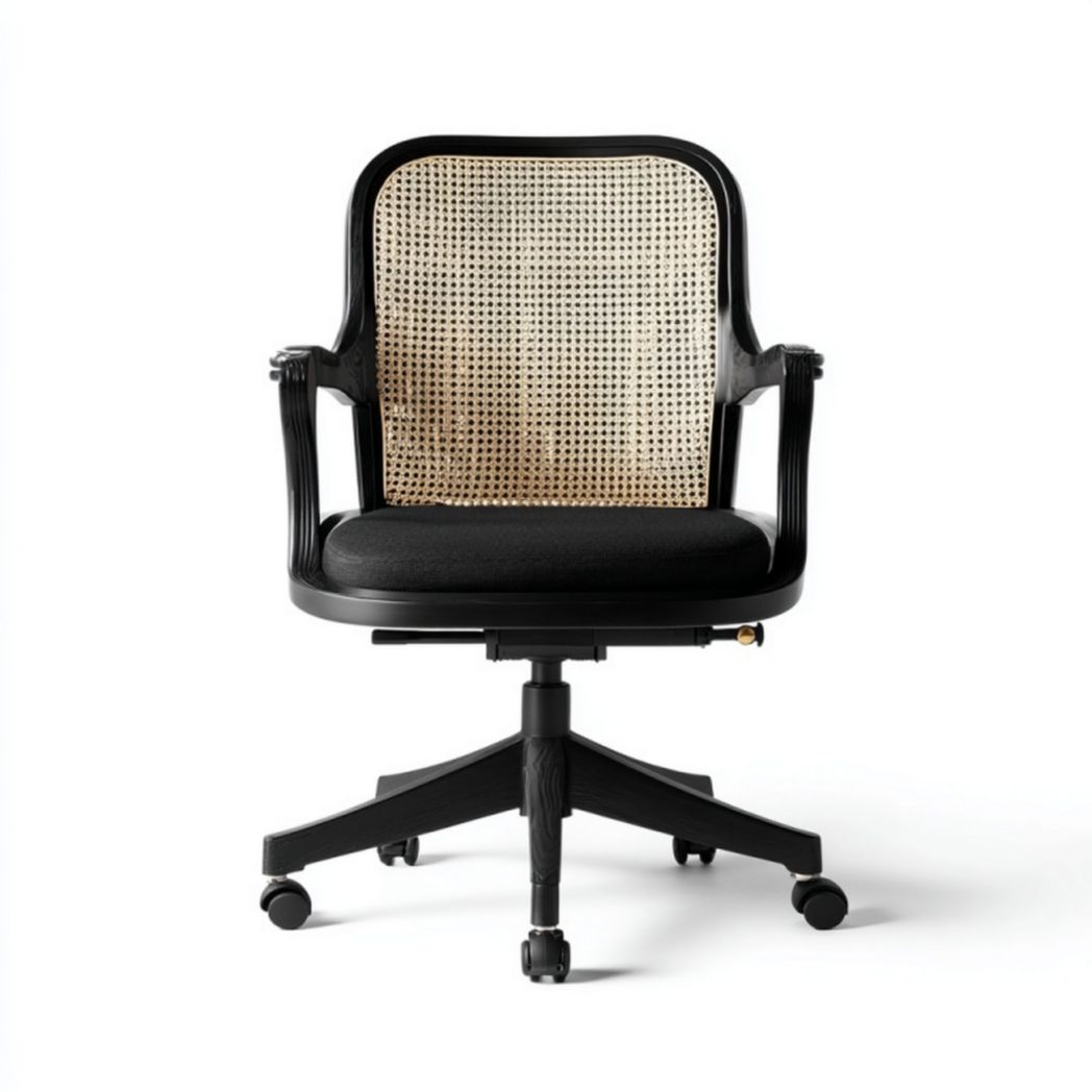 Fauteuil de bureau pivotant avec dossier en rotin – assise rembourrée noire – hauteur réglable