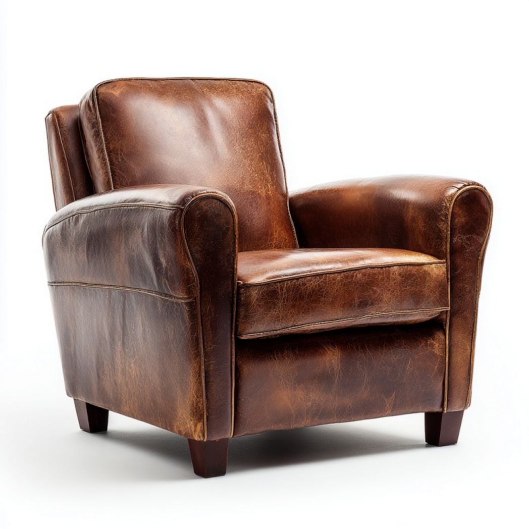 Fauteuil en cuir marron vintage avec pieds en bois