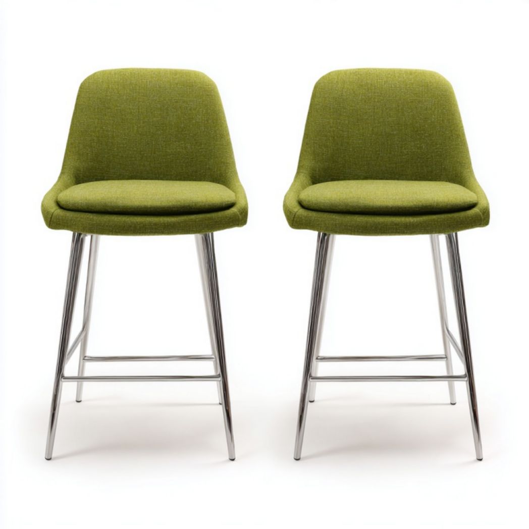 Lot de 2 tabourets de bar en tissu vert avec pieds en métal chromé