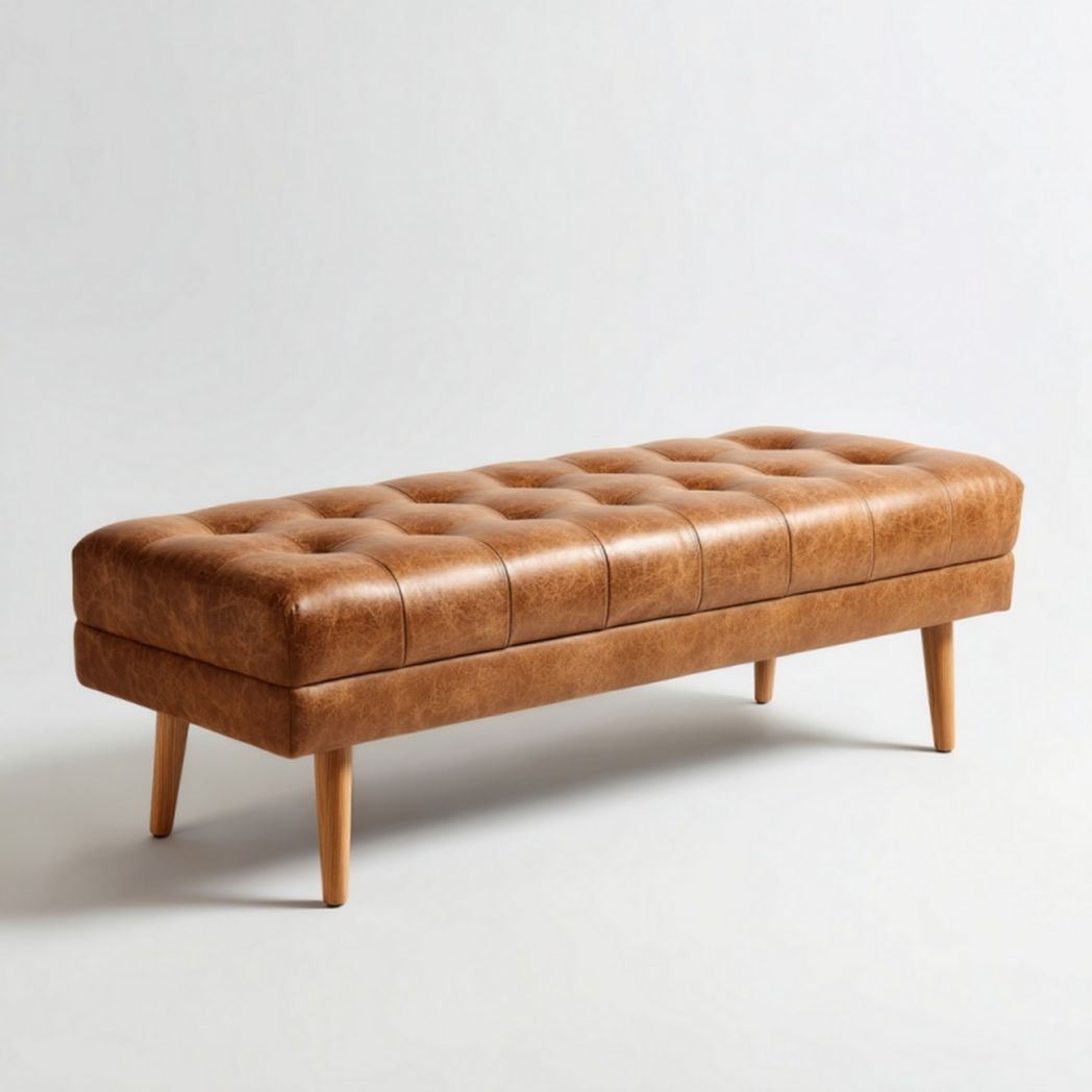 Banc en similicuir marron avec pieds en bois