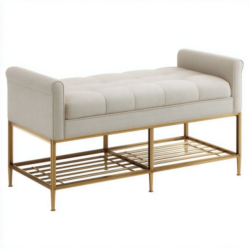 Banc avec cadre en métal et coussin rembourré avec étagère de rangement