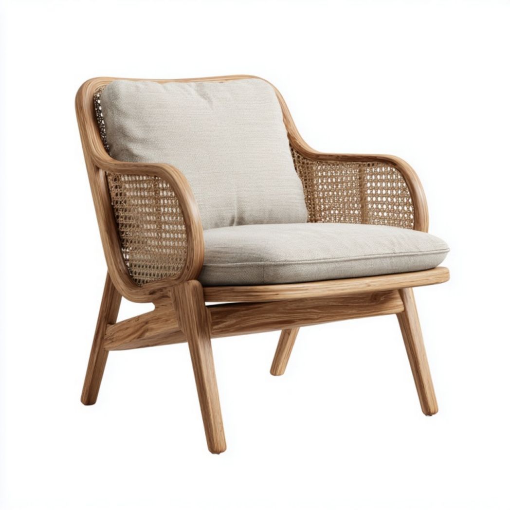 Fauteuil de détente en bois et rotin avec coussin beige