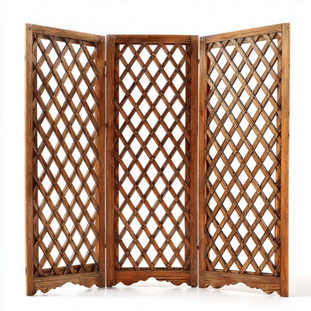 Paravent 3 panneaux en bois ajouré motif losanges, coloris bois naturel