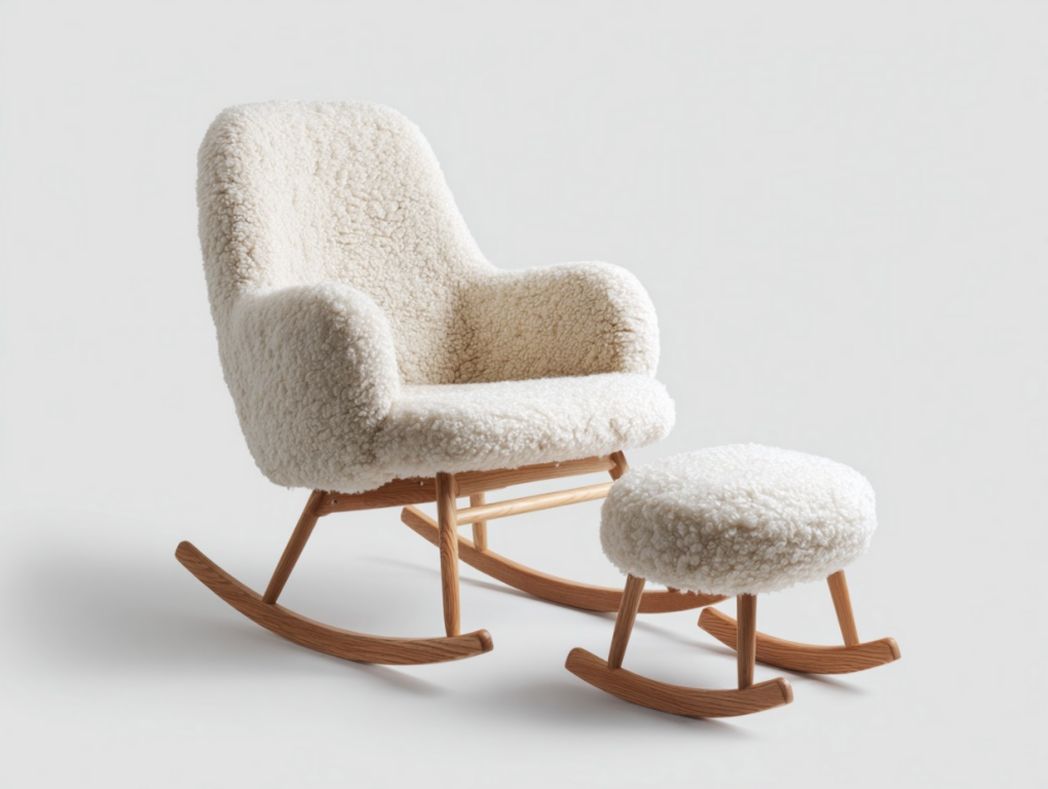 Fauteuil à bascule en tissu effet peau de mouton beige avec repose-pieds