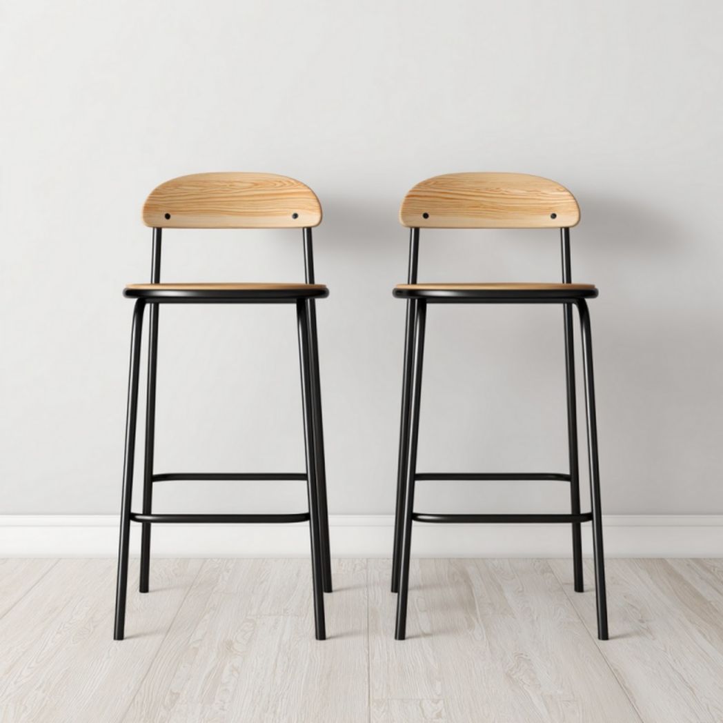 Lot de 2 tabourets de bar hauts avec dossier en bois et structure en métal