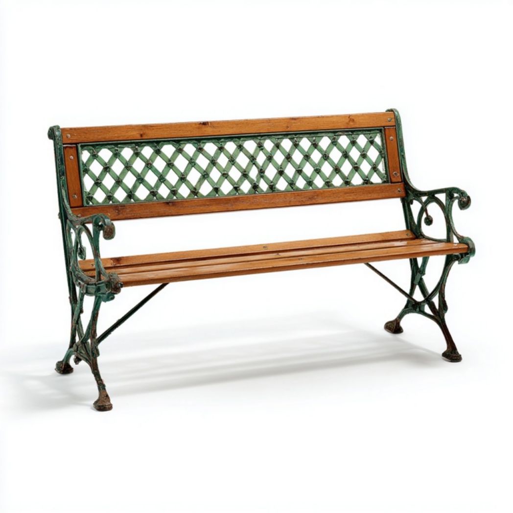 Banc de jardin en bois et fonte verte avec dossier ajouré