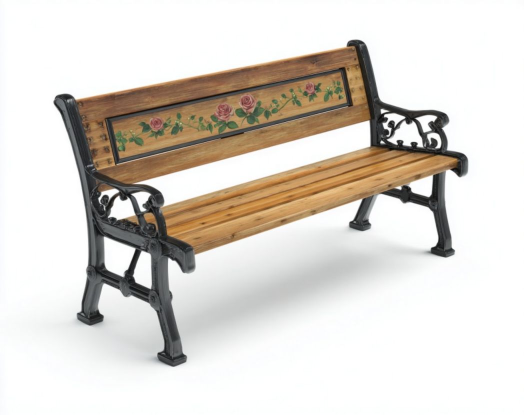 Banc de jardin en bois et fonte avec dossier décor roses