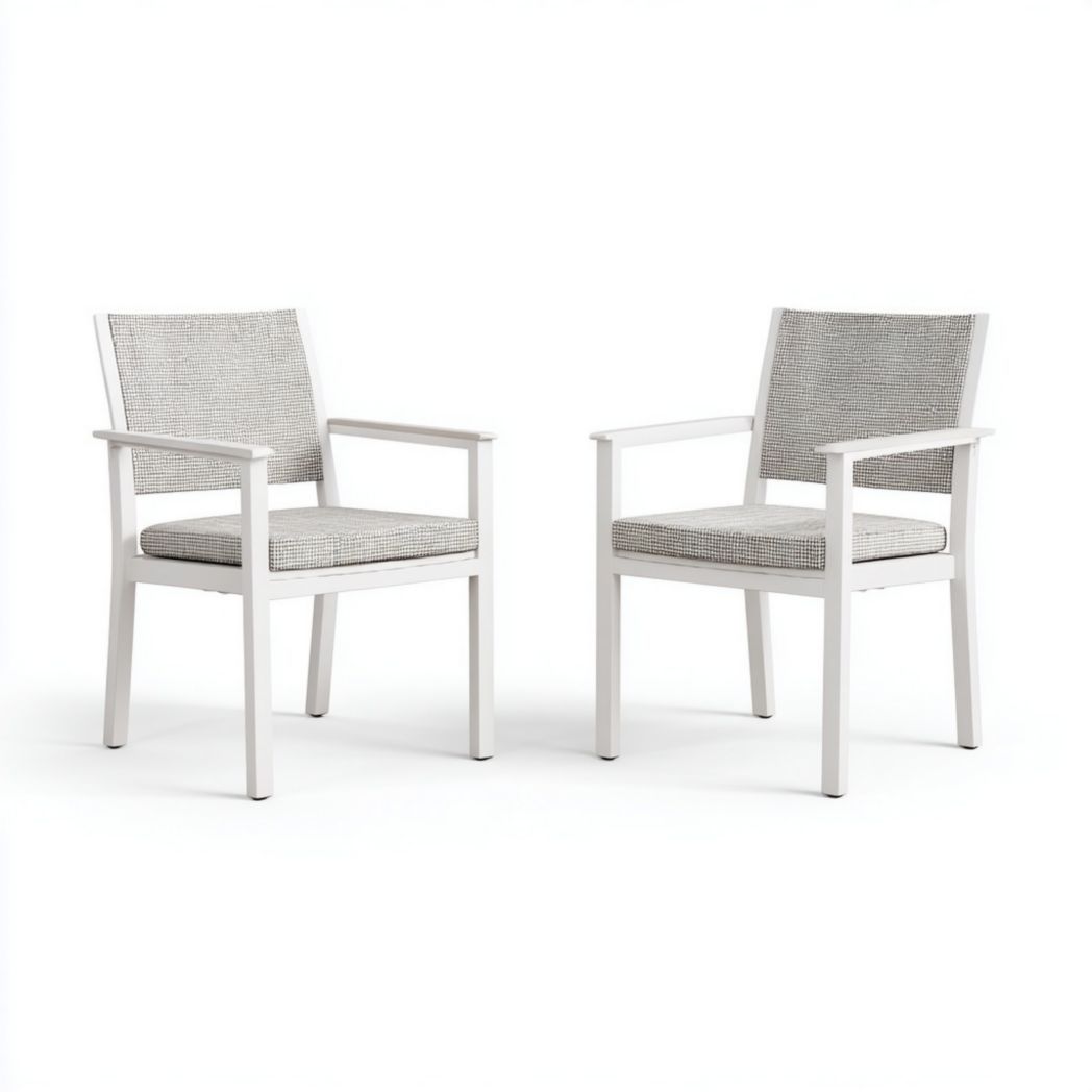 Lot de 2 chaises de jardin avec accoudoirs – Structure blanche et coussin en tissu gris