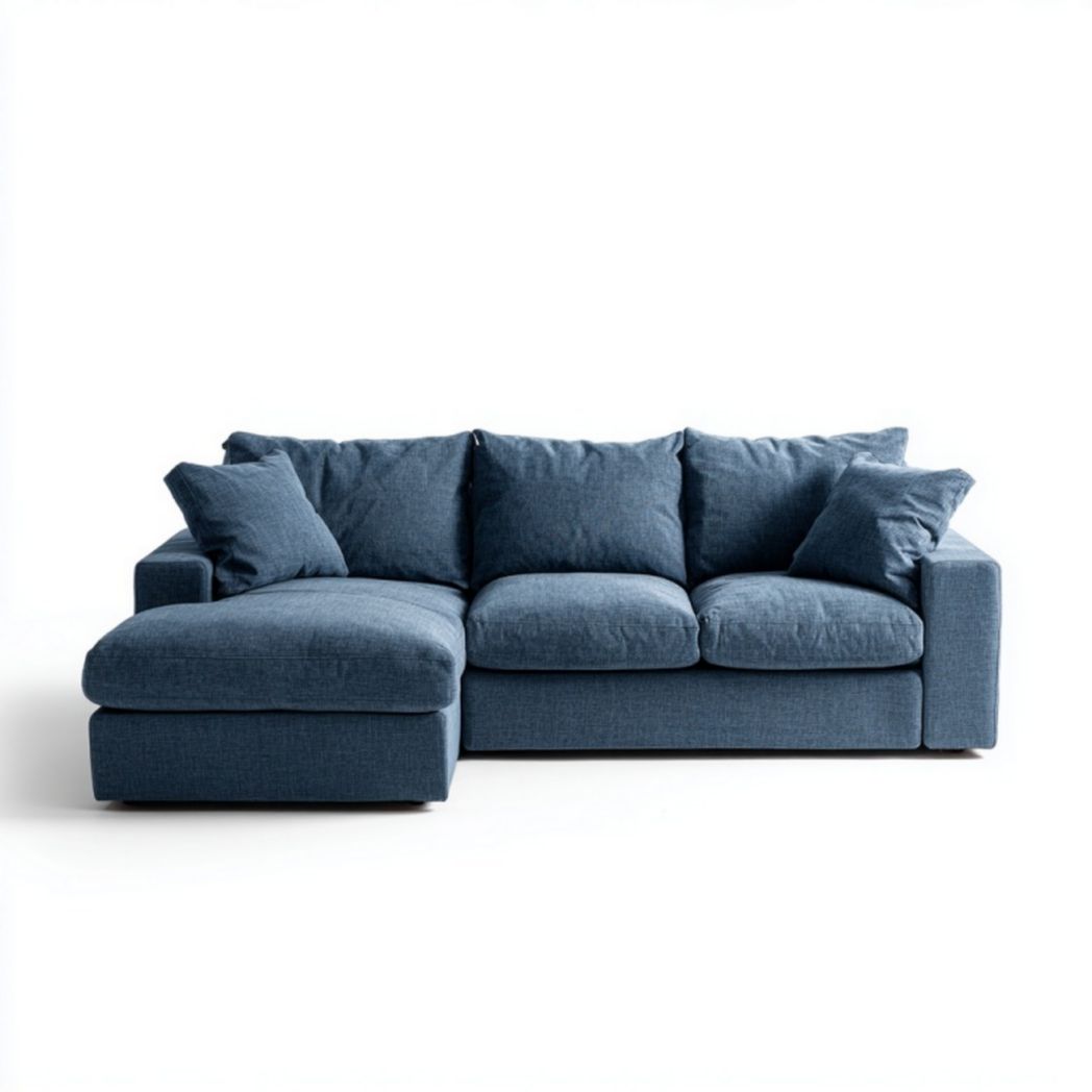 Canapé d’angle en tissu bleu avec méridienne