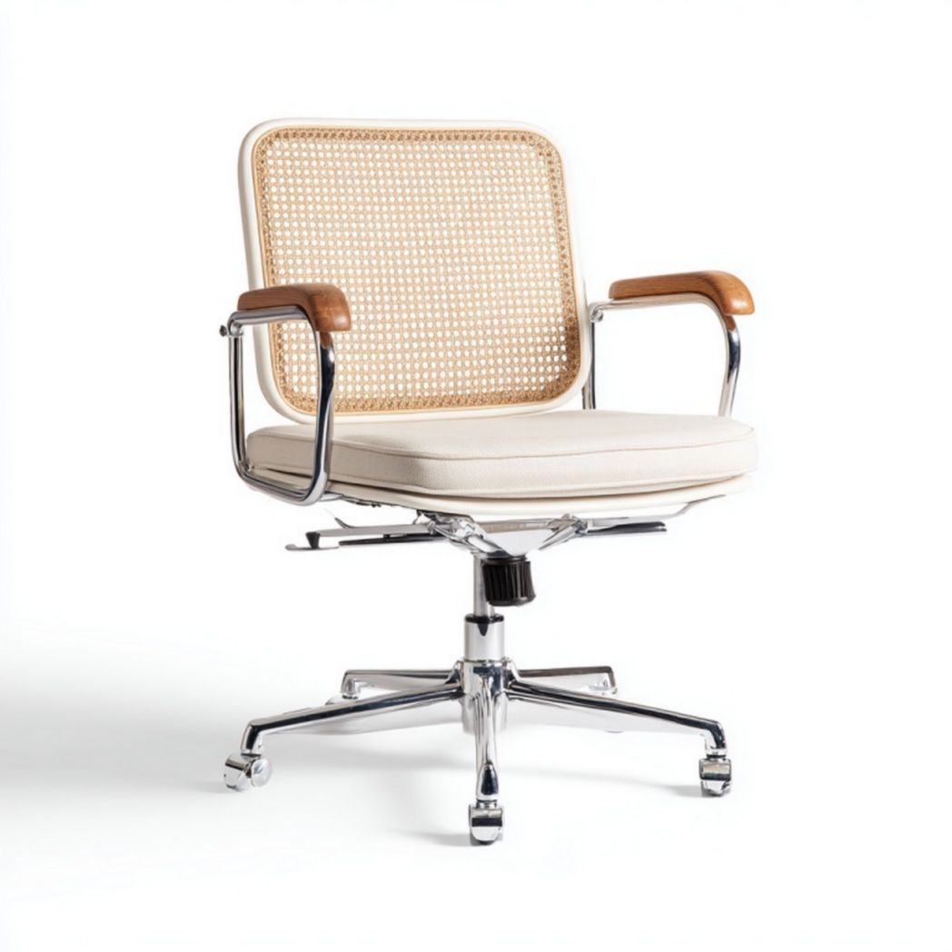 Fauteuil de bureau pivotant avec dossier en rotin – assise beige et accoudoirs en bois – hauteur réglable