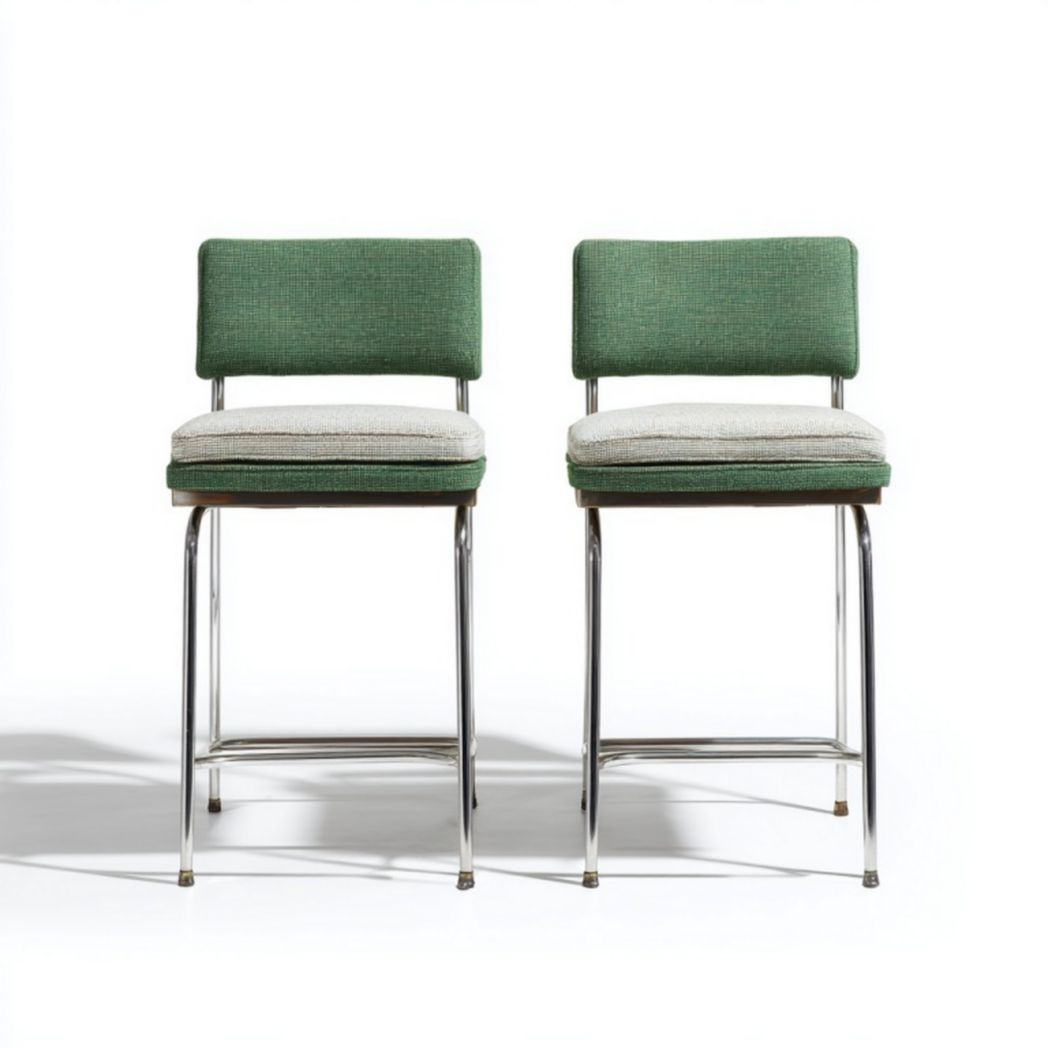 Lot de 2 tabourets de bar en tissu bicolore vert et gris avec structure métallique chromée