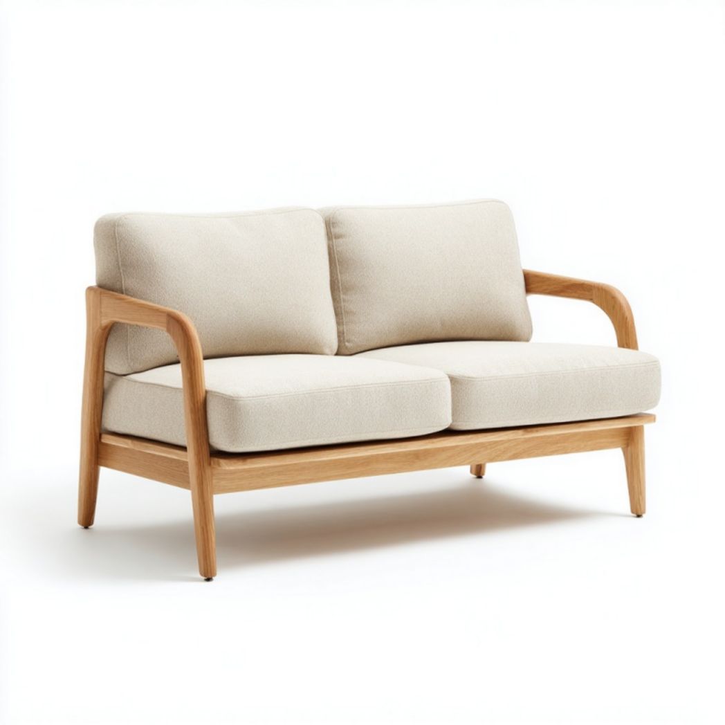 Canapé 2 places en bois massif avec coussins en tissu beige