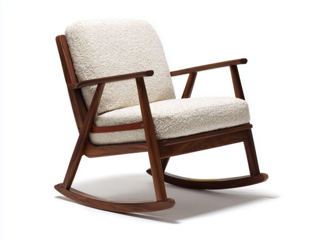 Fauteuil à bascule en bois foncé avec coussin en laine bouclée