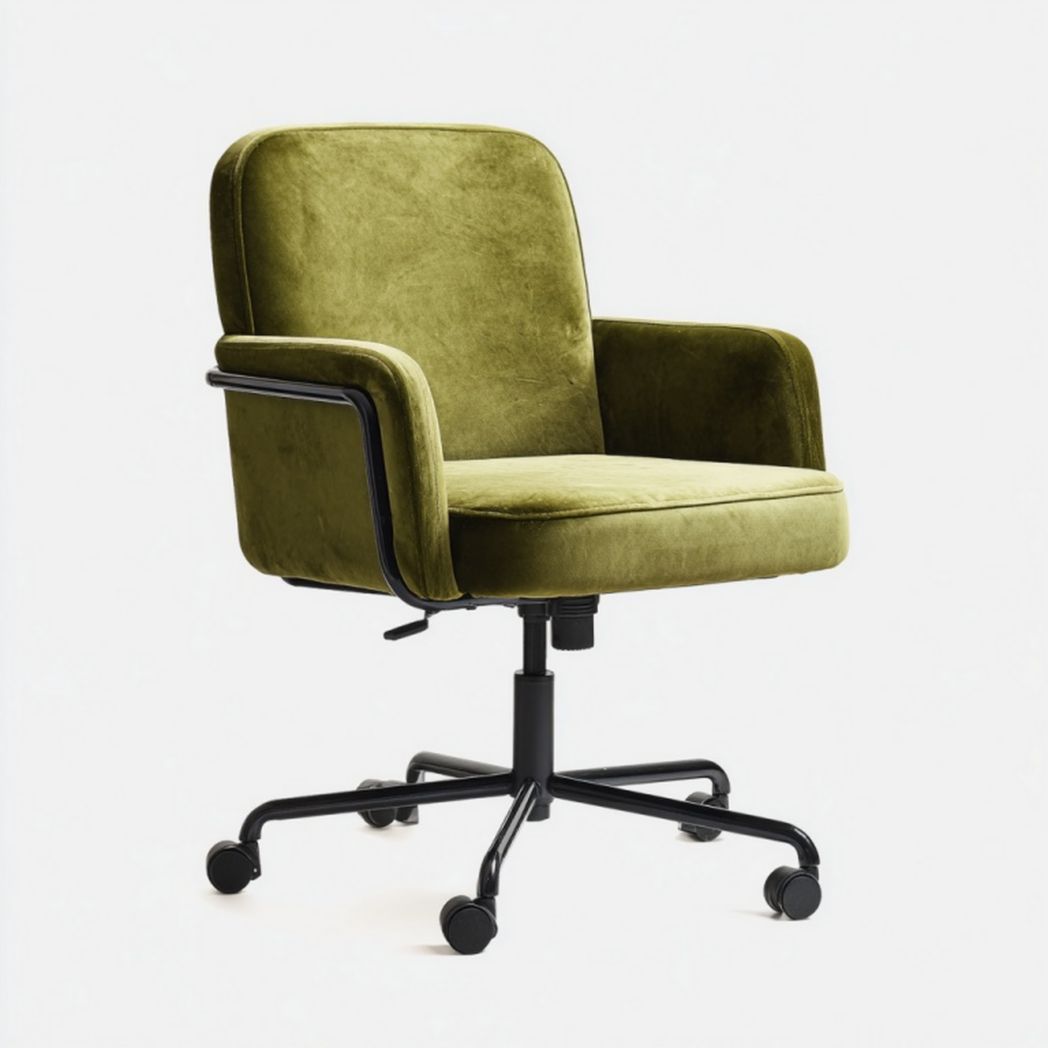 Fauteuil de bureau pivotant en velours vert olive – accoudoirs et hauteur réglable