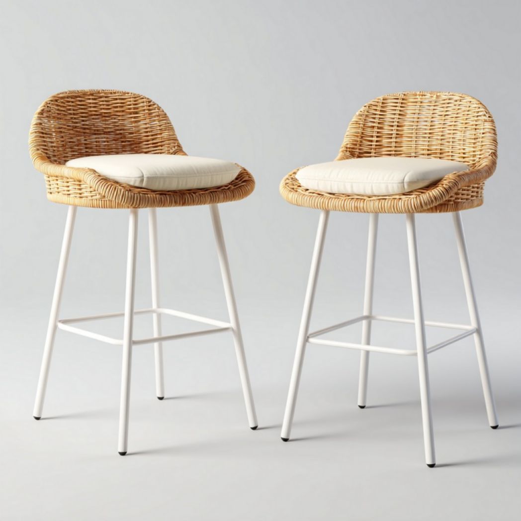 Lot de 2 tabourets de bar en rotin avec dossier et coussin