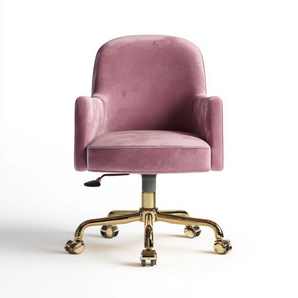 Fauteuil de bureau pivotant en velours rose – hauteur réglable – base dorée à cinq branches