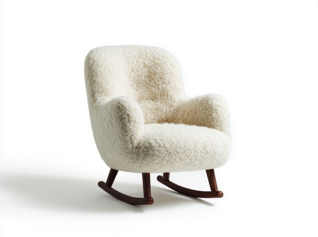 Fauteuil à bascule en tissu effet peau de mouton blanc – patins en bois et accoudoirs courbes