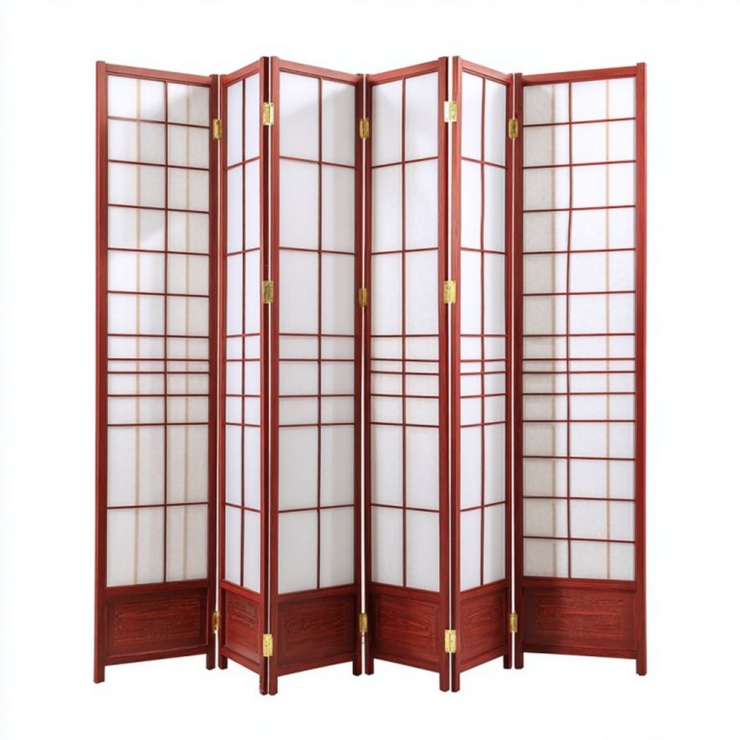 Paravent 6 panneaux style japonais en bois et papier, coloris brun rouge
