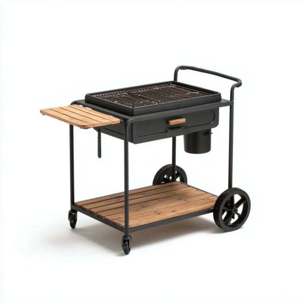 Chariot de barbecue d’extérieur en métal et bois