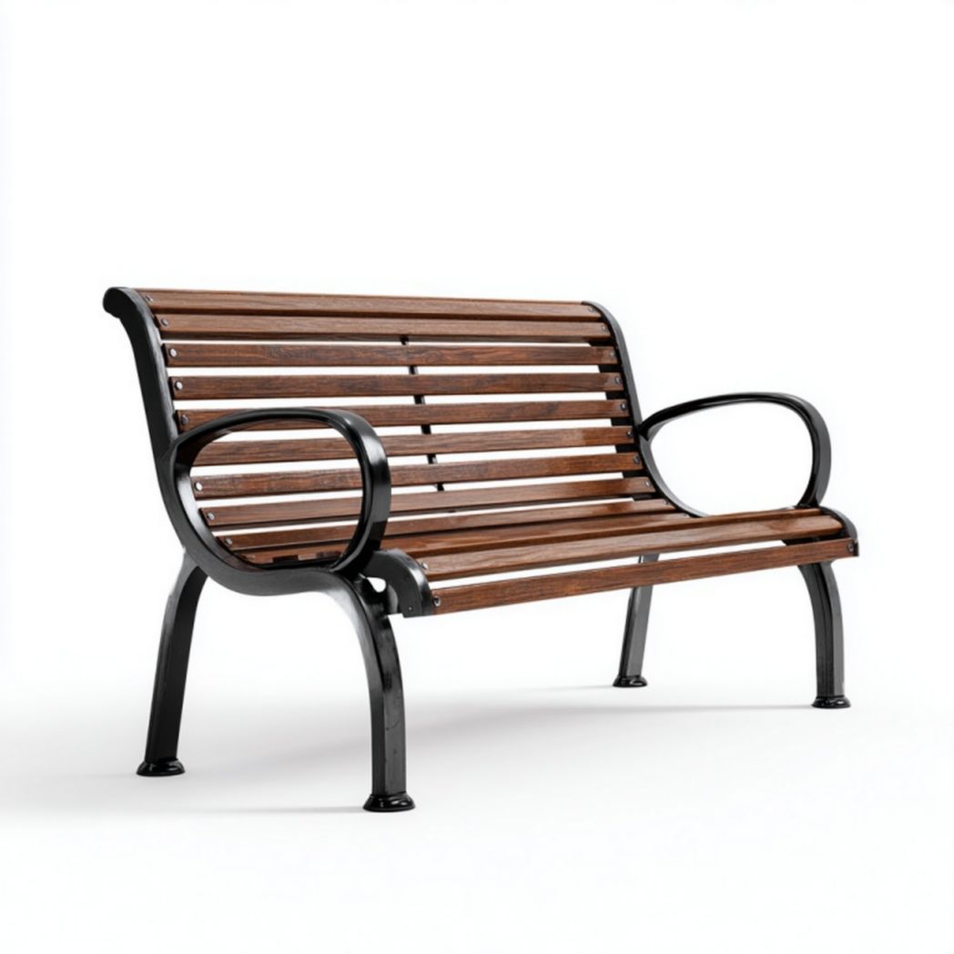 Banc de jardin en métal et lattes effet bois avec accoudoirs courbés