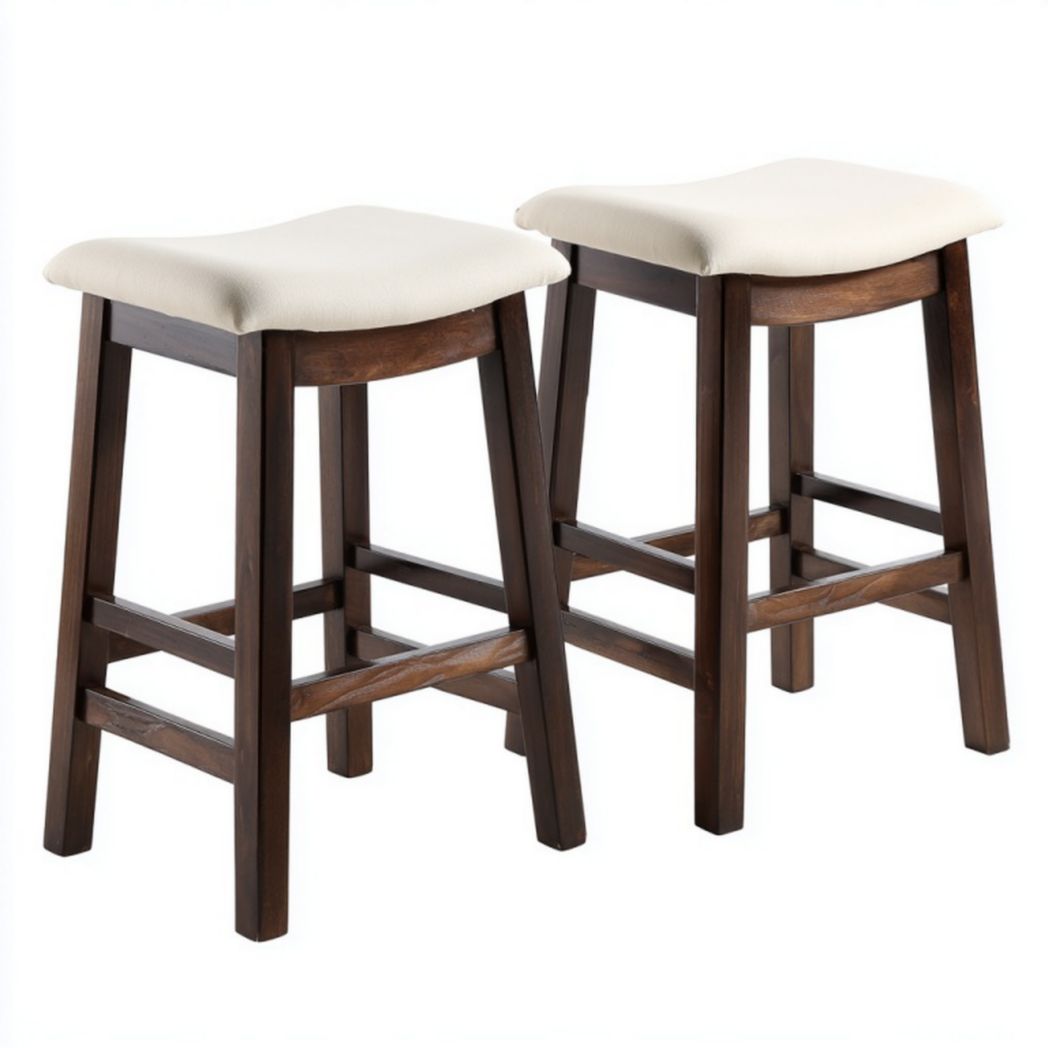 Lot de 2 tabourets de bar en bois foncé avec assise rembourrée beige