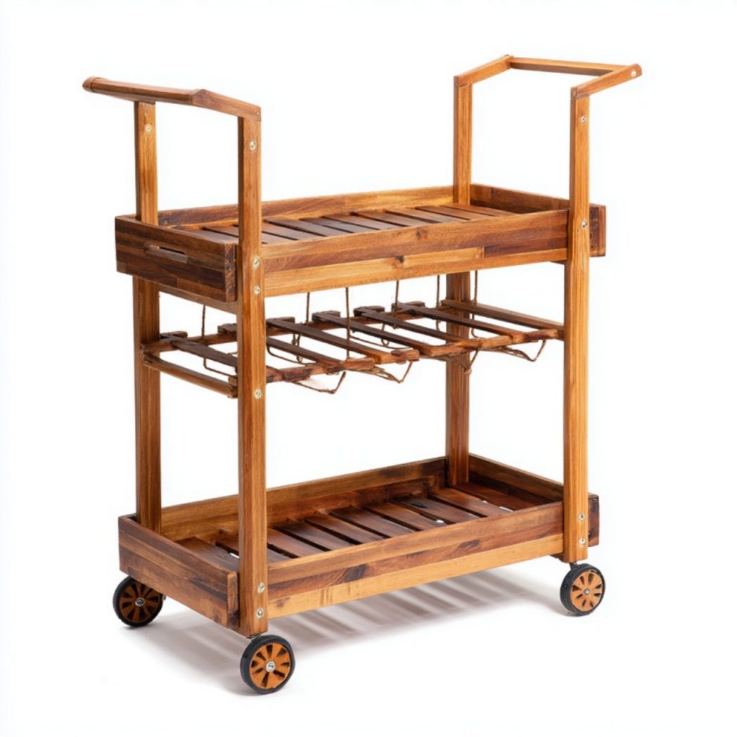 Chariot de jardin en bois à deux niveaux avec porte-verres