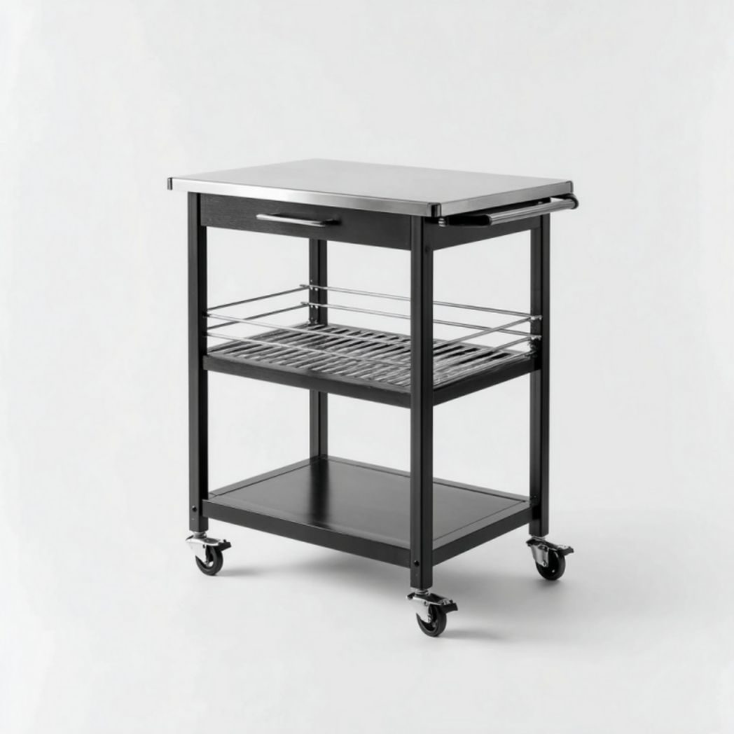 Chariot de jardin noir avec plateau en acier inoxydable