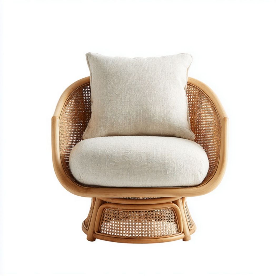 Fauteuil de détente rond en rotin avec coussin en tissu beige