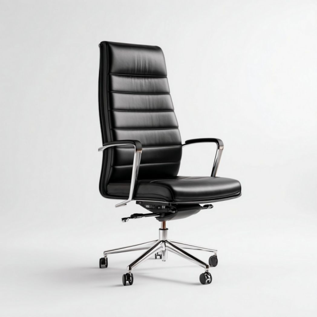 Chaise de bureau haute en cuir noir avec accoudoirs et base en métal – hauteur réglable