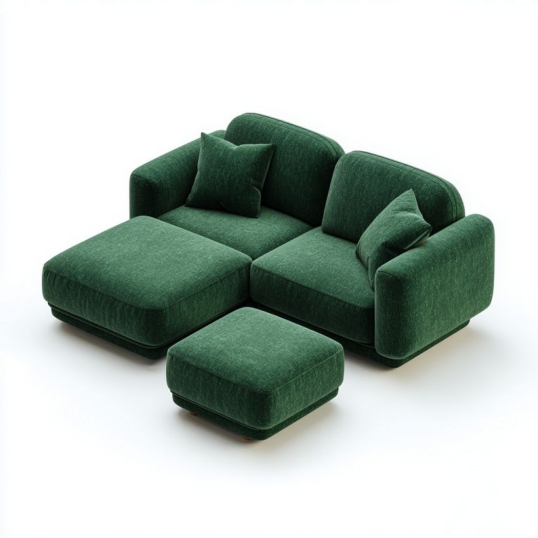 Canapé d’angle en tissu vert avec pouf