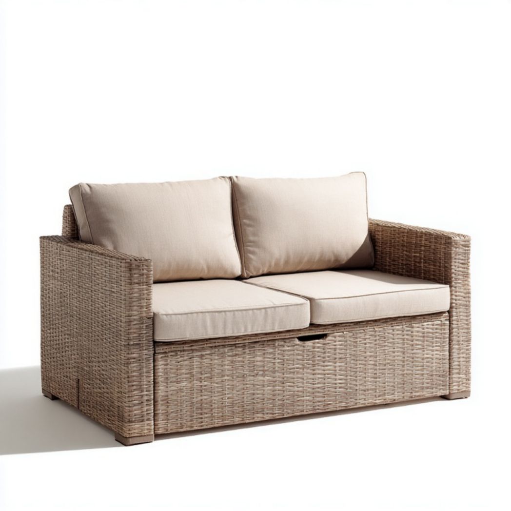 Canapé de jardin deux places en rotin synthétique avec rangement