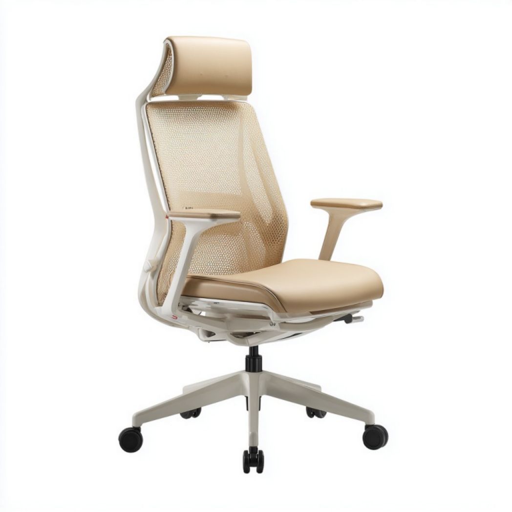 Fauteuil de bureau ergonomique haut dossier en maille beige – avec appui-tête et accoudoirs – hauteur réglable