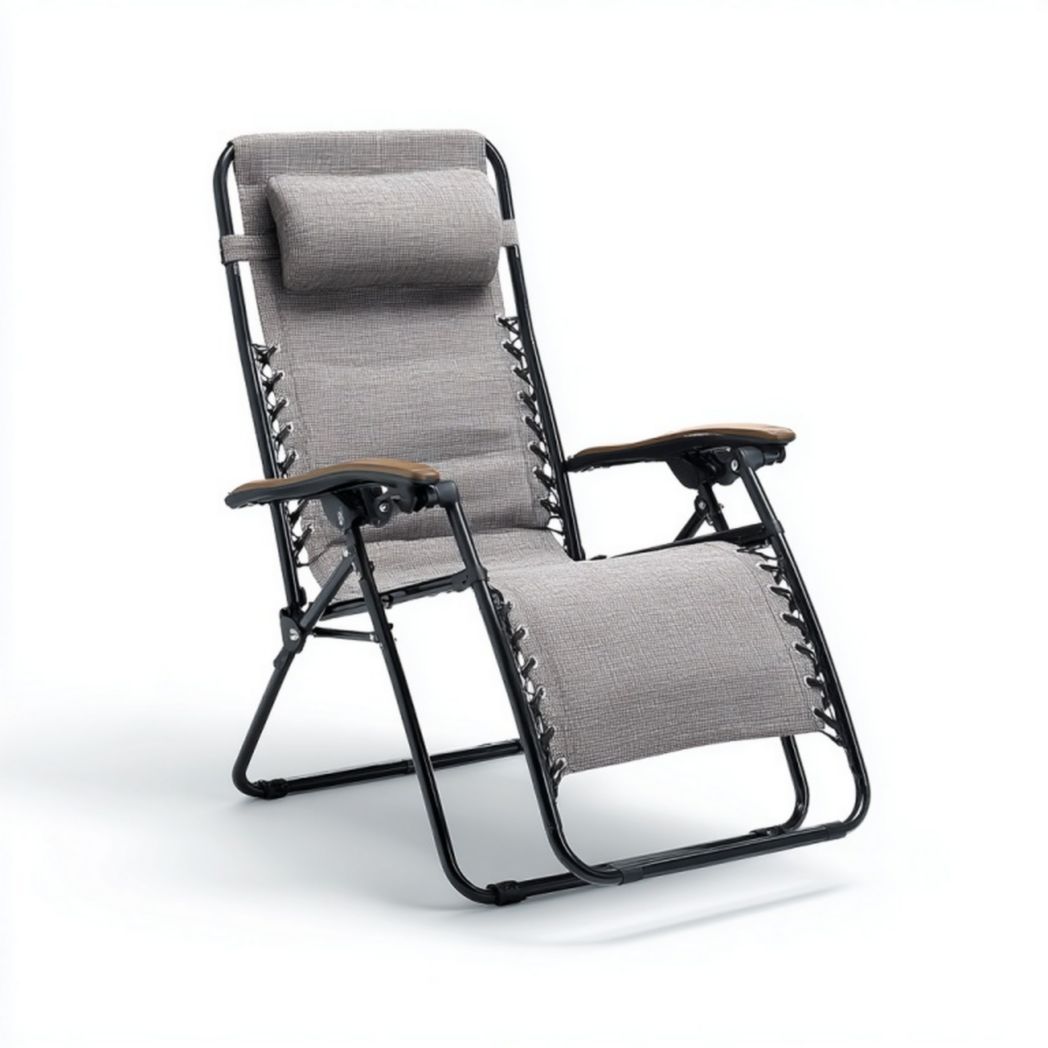 Chaise longue pliante zéro gravité en métal et tissu gris