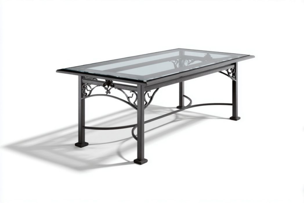 Table de jardin rectangulaire avec plateau en verre et cadre métallique décoratif