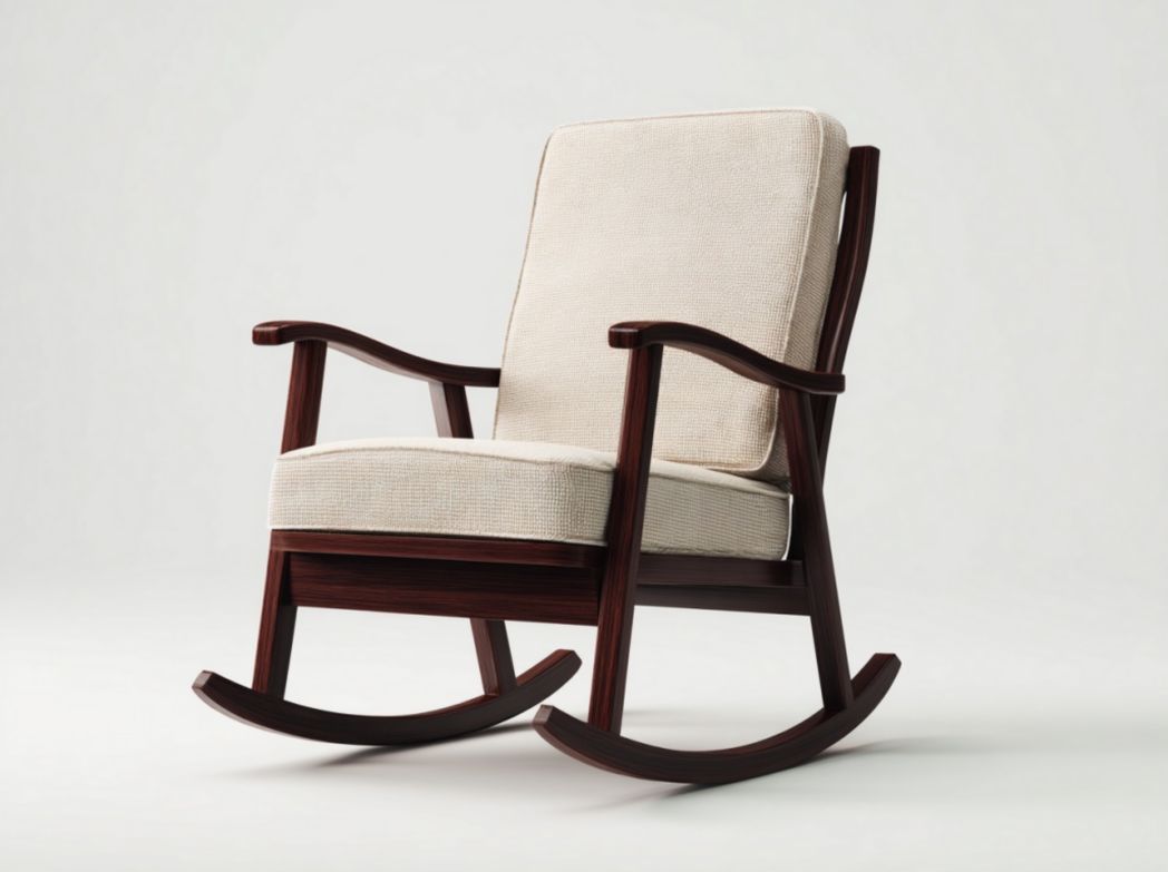 Fauteuil à bascule en bois foncé avec assise en tissu beige