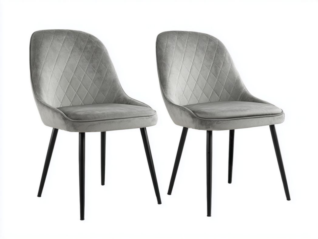 Lot de 2 chaises en velours gris avec dossier capitonné à motif losange et pieds en métal noir