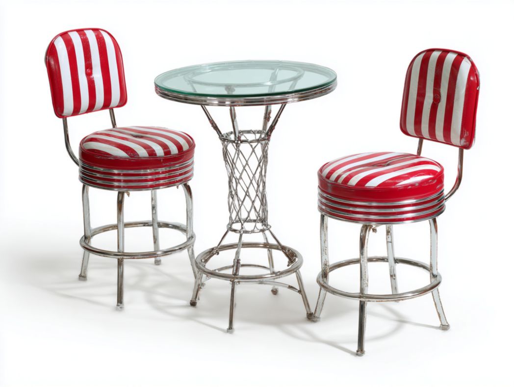 Ensemble mange debout rétro avec table en verre et 2 chaises hautes rayées rouge et blanc