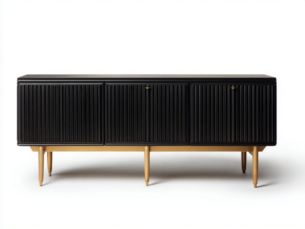 Meuble TV noir à 3 portes, design rainuré avec base dorée