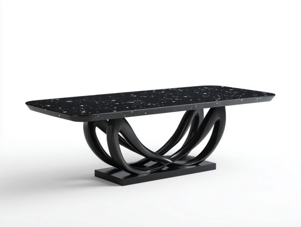 Table rectangulaire effet marbre avec base artistique courbée noire – 1 pièce