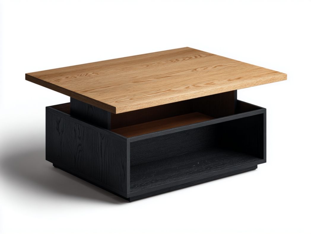 Table basse bicolore avec rangements – base noire et plateau effet chêne