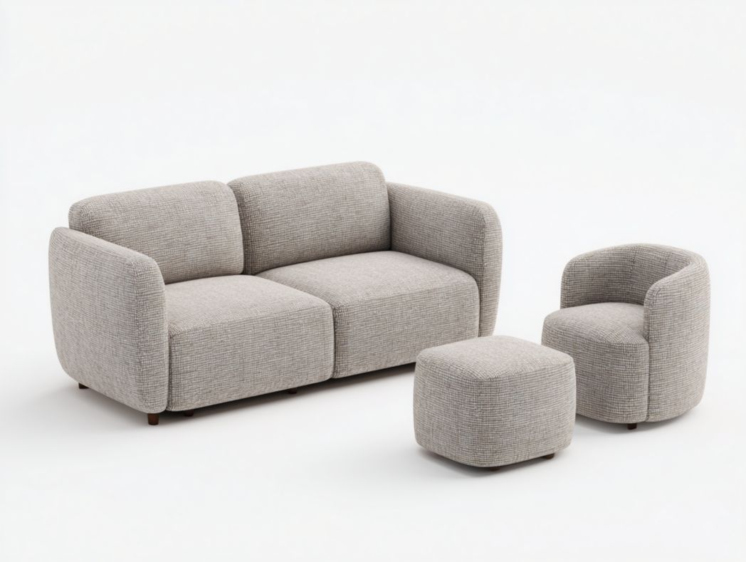 Ensemble canapé 2 places en tissu beige avec fauteuil et pouf assortis