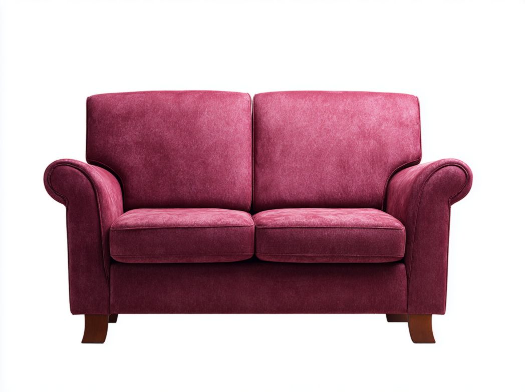 Canapé 2 places en tissu bordeaux avec dossier épais et accoudoirs roulés sur pieds en bois