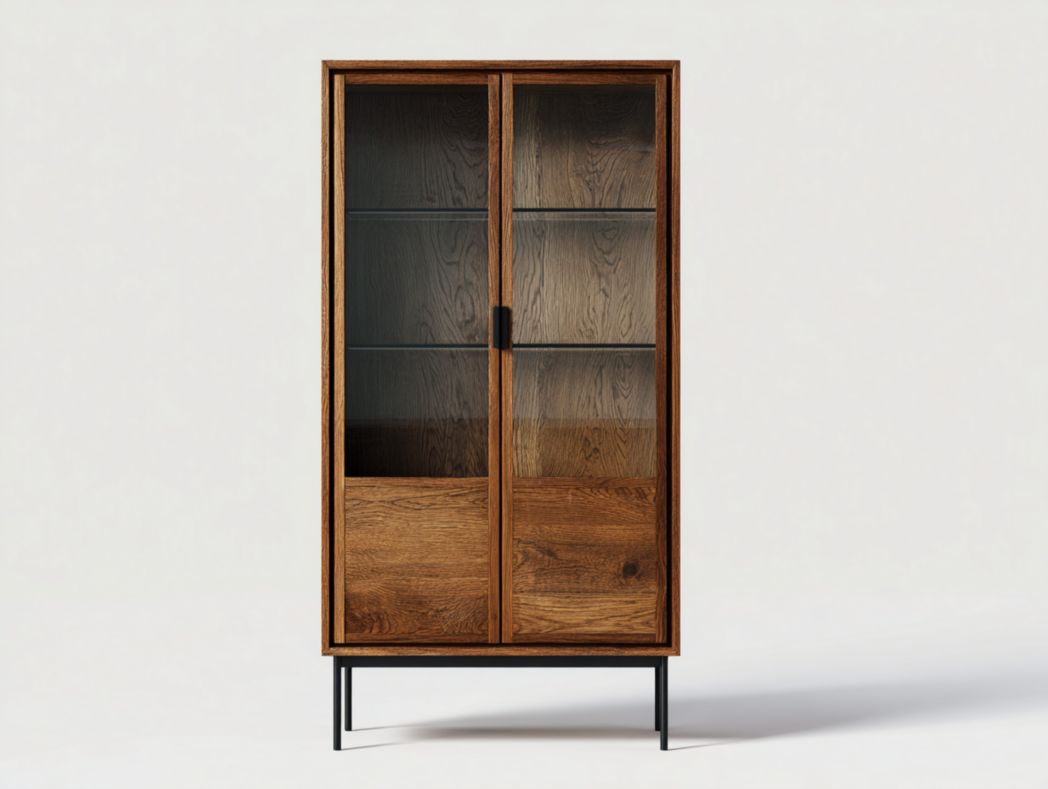 Vitrine industrielle en bois et verre avec portes doubles et piètement métal