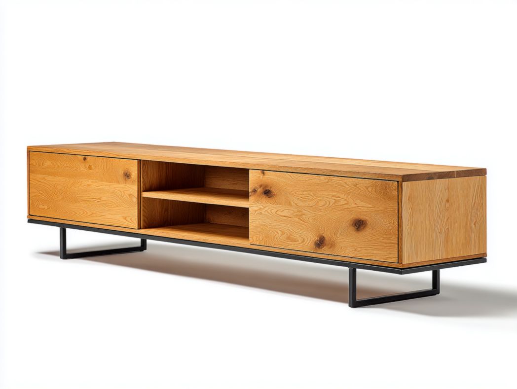 Meuble TV en bois naturel avec base métal noir et rangements ouverts/fermés